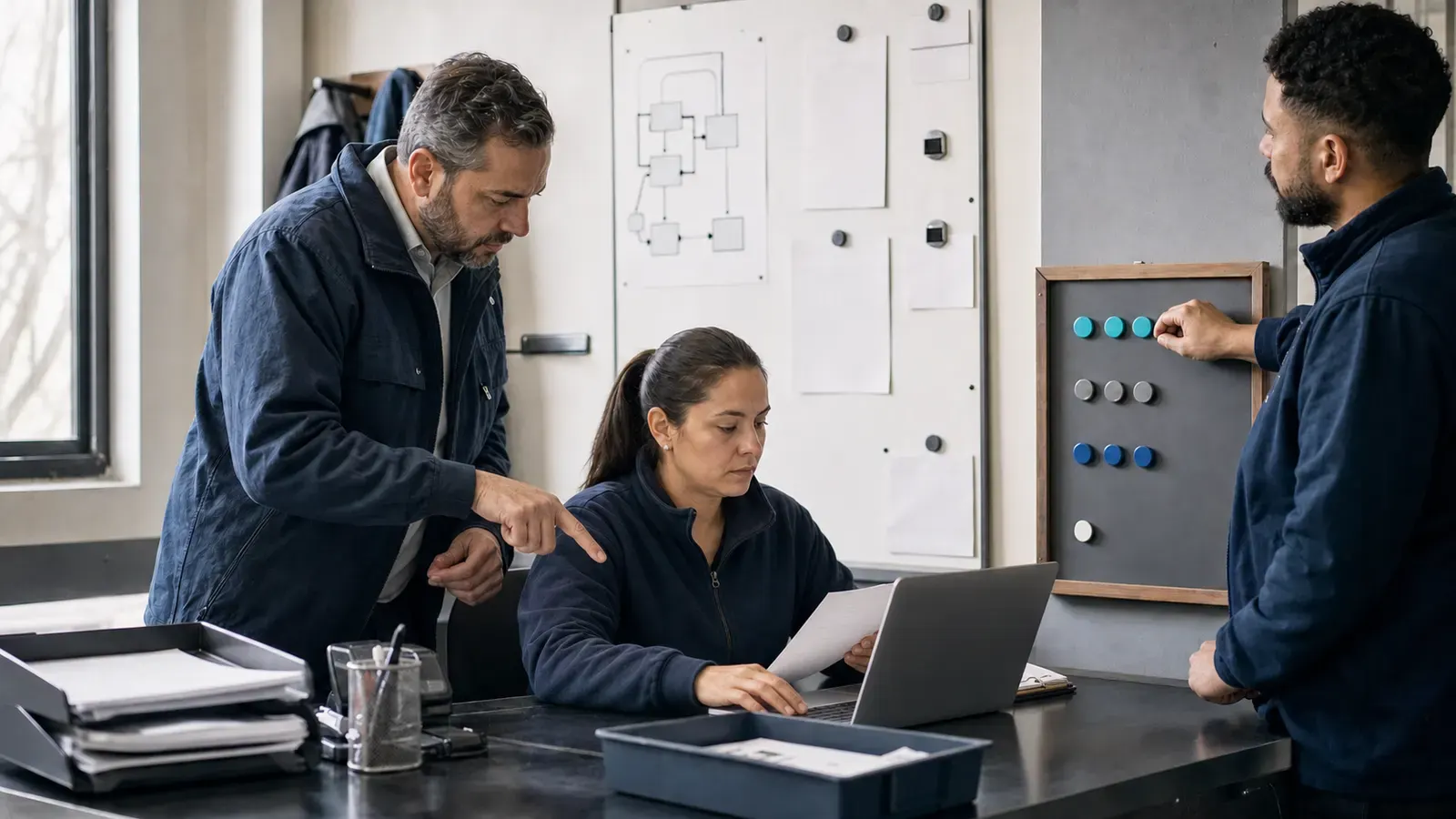 Equipe acompanha profissional usando notebook para incorporar IA a uma tarefa com revisão humana e indicadores operacionais.