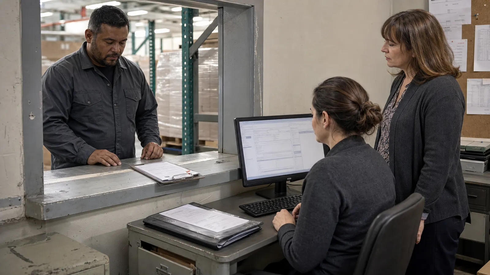 Analista compara um comprovante colocado na janela do recebimento com o registro financeiro enquanto supervisor e gestora observam.