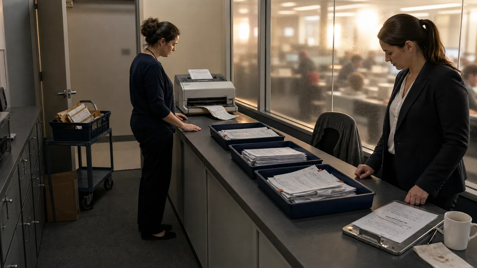 Analista e gerente observam documentos processados e folhas devolvidas para conferência ao lado de um scanner.