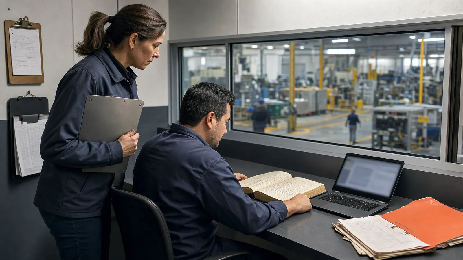 Gerente observa coordenador registrar dados de um livro de produção enquanto compara materiais de outros processos.
