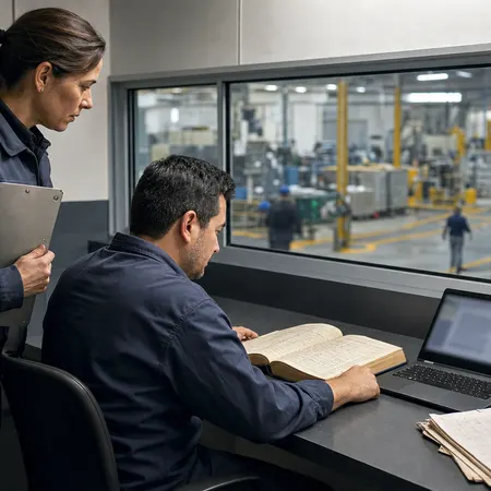 Gerente observa coordenador registrar dados de um livro de produção enquanto compara materiais de outros processos.