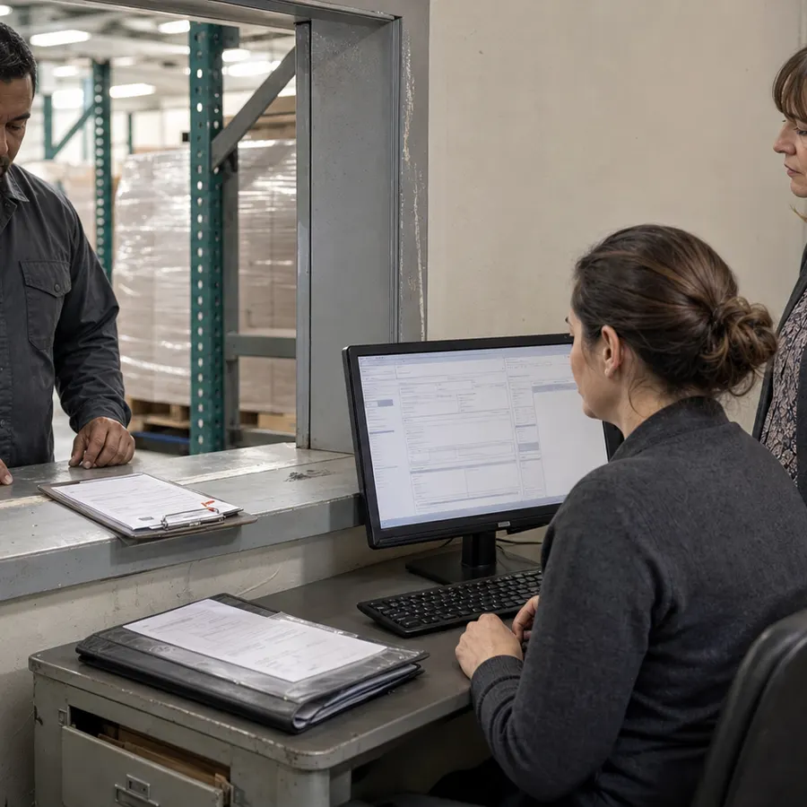 Analista compara um comprovante colocado na janela do recebimento com o registro financeiro enquanto supervisor e gestora observam.
