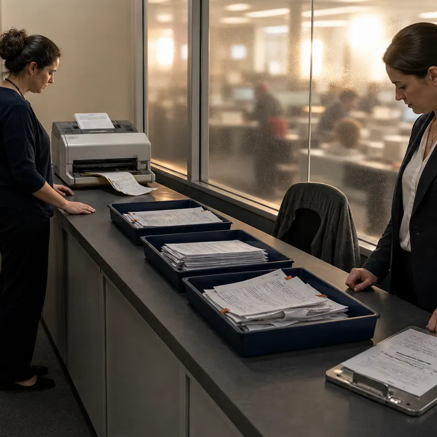Analista e gerente observam documentos processados e folhas devolvidas para conferência ao lado de um scanner.